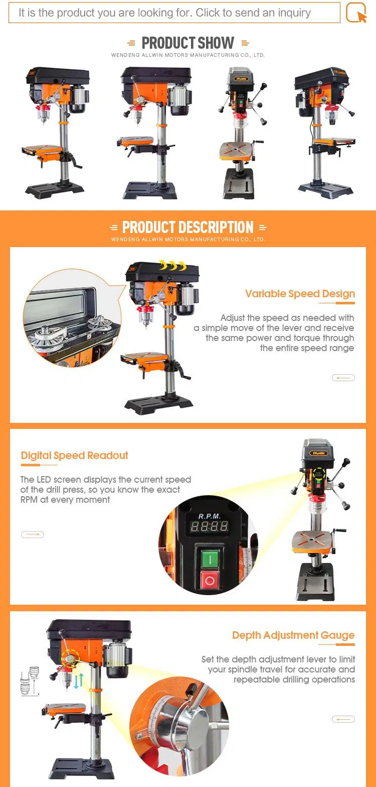 120V Variable Speed 12 Inch Drill Press for Woodworking